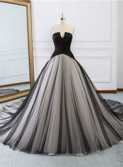 Black Satin Tulle Strapless Sleeveless Wedding Dresses With Train