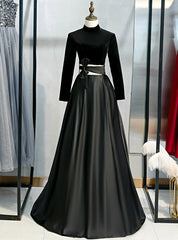 Black Satin Velvet Long Sleeve Cut Out Prom Dresses