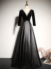 Black Satin Velvet Long Sleeve Prom Dresses