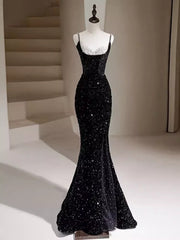 Black Sequins Mermaid Straps Beaded Prom Dress, Black Sequins Party Dress