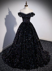 Black Sequins Off the Shoulder Prom Dresses