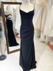 Black Sheath Spaghetti Straps Pleats Prom Dresses