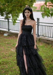 Black Shiny Tulle Layers Long Party Dresses with Leg Slit, Black Tulle Prom Dresses