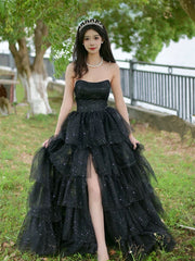 Black Shiny Tulle Layers Long Party Dresses with Leg Slit, Black Tulle Prom Dresses