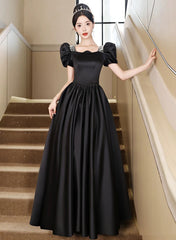 Black Short Sleeves Beaded A-line Satin Prom Dresses, Black Satin Party Dresses