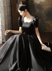 Black Short Sleeves Beaded A-line Satin Prom Dresses, Black Satin Party Dresses