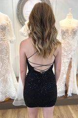 Black Spaghetti Straps Sequins Backless Tight Homecoming Dress