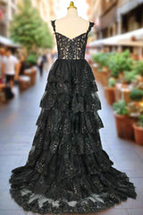 Black Sparkly Corset Prom Dresses Off The Shoulder Tiered A-Line Sweetheart Neck Tulle Lace Evening Dresses