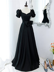 Black Square Puff Sleeve Beading Prom Dresses