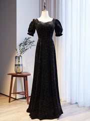 Black Square Puff Sleeve Button Prom Dresses