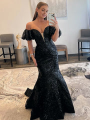 Black Strapless Sequins Long Mermaid Prom Dress