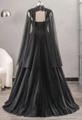 Black Sweetheart Tulle with Lace Long Sweet 16 Dresses, Black Formal Dresses with Cape