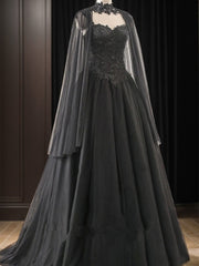 Black Sweetheart Tulle with Lace Long Sweet 16 Dresses, Black Formal Dresses with Cape