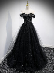 Black Tulle Beading Off the Shoulder Prom Dresses