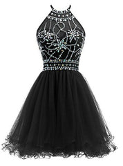 Black Tulle Halter Backless With Crystal Homecoming Dresses