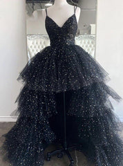 Black Tulle  Spaghetti Straps Prom Dresses