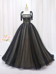 Black Tulle Lace Straps Prom Dresses