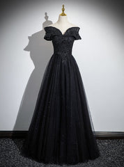 Black Tulle Off the Shoulder Appliques Prom Dresses