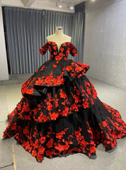 Black Tulle Off the Shoulder Red 3D Appliques Prom Dresses