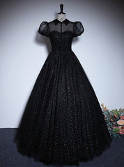 Black Tulle Puff Sleeve Prom Dresses