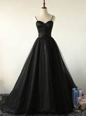 Black Tulle Satin Spaghetti Straps Button Prom Dresses