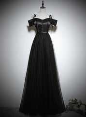 Black Tulle Satin Spaghetti Straps Prom Dresses