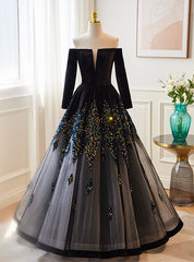 Black Tulle Sequins Long Sleeve Off the Shoulder Prom Dresses