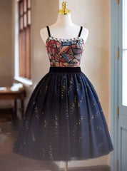 Black Tulle Sequins Print Homecoming Dresses