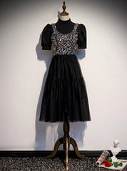 Black Tulle Sequins Short Sleeve Short Prom Dresses