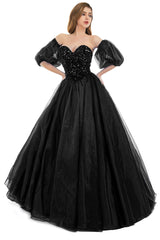 Black Tulle Sequins Sweetheart Prom Dresses Spaghetti Straps Evening Quinceanera Dresses