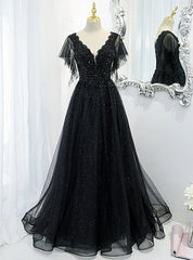 Black Tulle Sequins V-neck Beading Prom Dresses