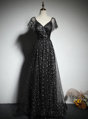 Black Tulle Sequins V-neck Prom Dresses