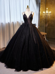 Black Tulle Sequins V-neck Quinceanera Dresses