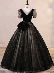 Black Tulle Sequins V-neck Short Sleeve Quinceanera Dresses