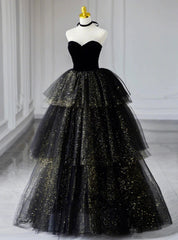 Black Tulle Sequins Velvet Sweetheart Prom Dresses