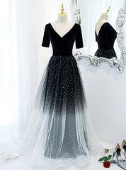 Black Tulle Short Sleeve Backless Prom Dresses