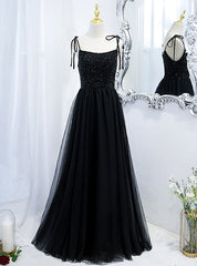 Black Tulle Spaghetti Straps Beading Prom Dresses