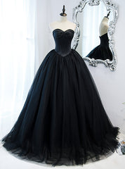 Black Tulle Strapless Pleats Prom Dresses