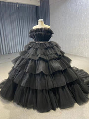 Black Tulle Sweetheart Beading Prom Dresses