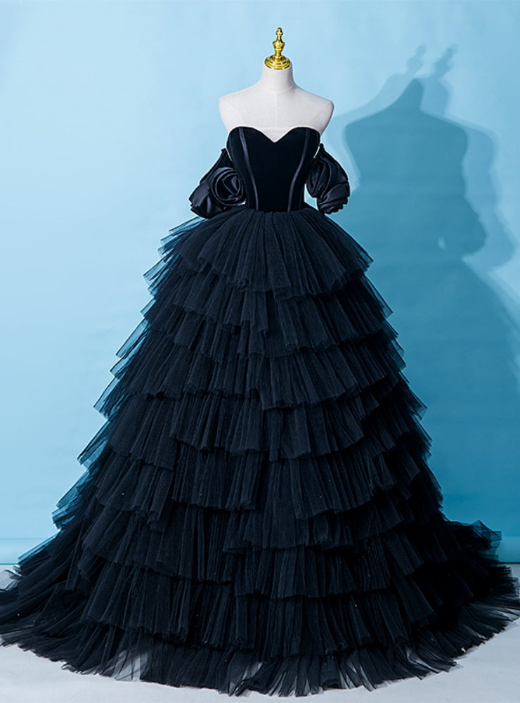 Black Tulle Tiers Sweetheart Prom Dress