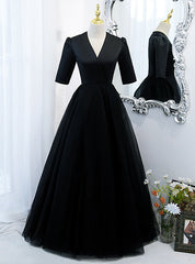 Black Tulle V-neck Short Sleeve Prom Dresses