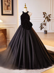 Black Tulle Velvet Halter Flower Prom Dresses