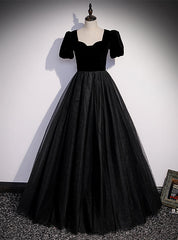 Black Tulle Velvet Short Sleeve Prom Dresses