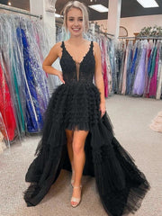 Black V Neck Asymmetrical Tulle Long Prom Dress