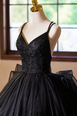 Black V-Neck Tulle Lace Prom Dresses, Gorgeous A-Line Evening Party Dresses