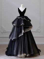 Black V Neck Tulle Velvet Long Prom Dresses, Black Long Formal Dresses