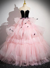 Black Velvet and Pink Tulle Strapless Prom Dresses