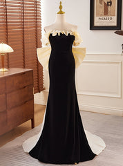 Black Velvet Champagne Bow Strapless Prom Dresses