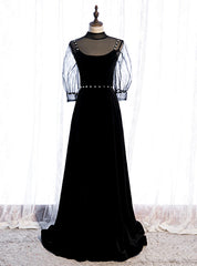 Black Velvet High Short Sleeve Backless Beading Prom Dresses