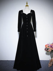 Black Velvet Long Sleeve Square Neck Prom Dresses